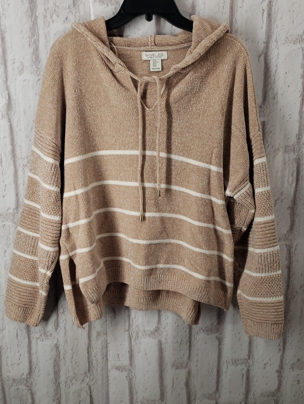 Rachel Zoe Taupe and White Striped Hooded Sweater.  XL